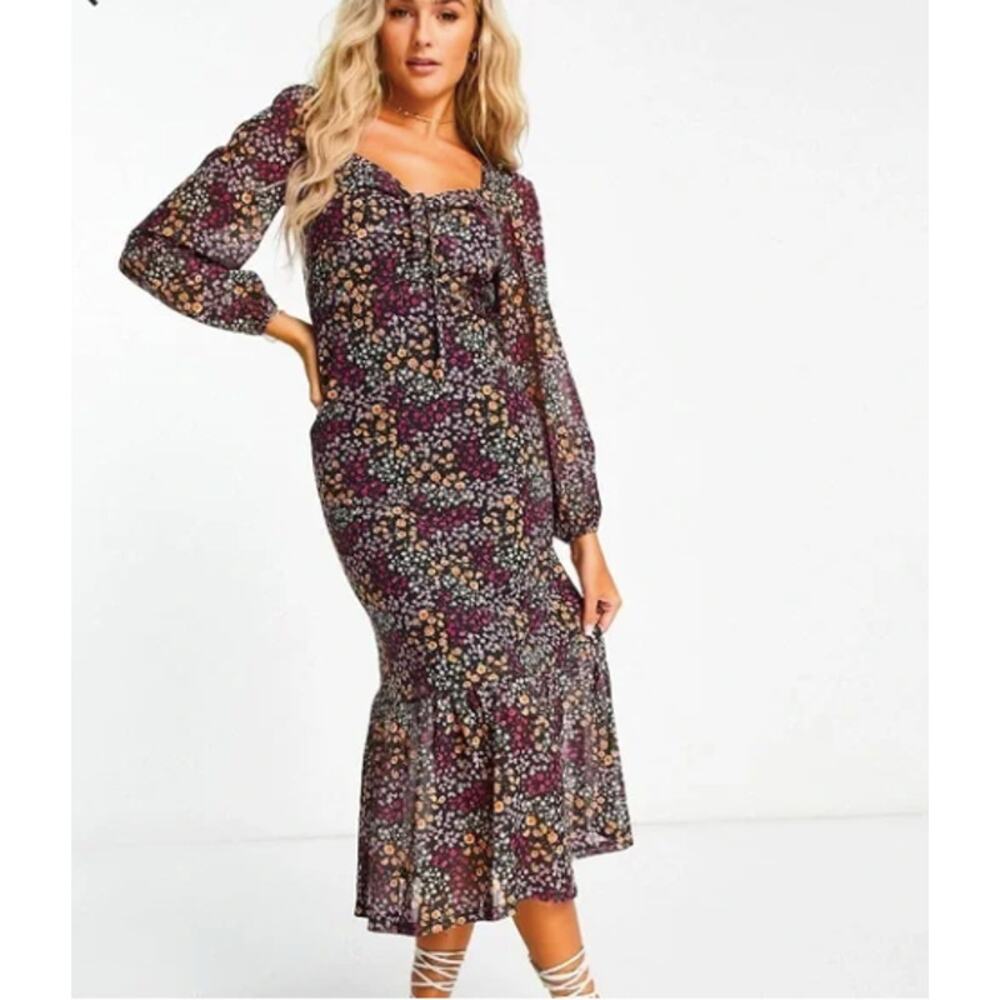 ASOS The Frolic Square Neck Midi Tea Dress With Mesh Sleeves Ditsy Floral Size 6